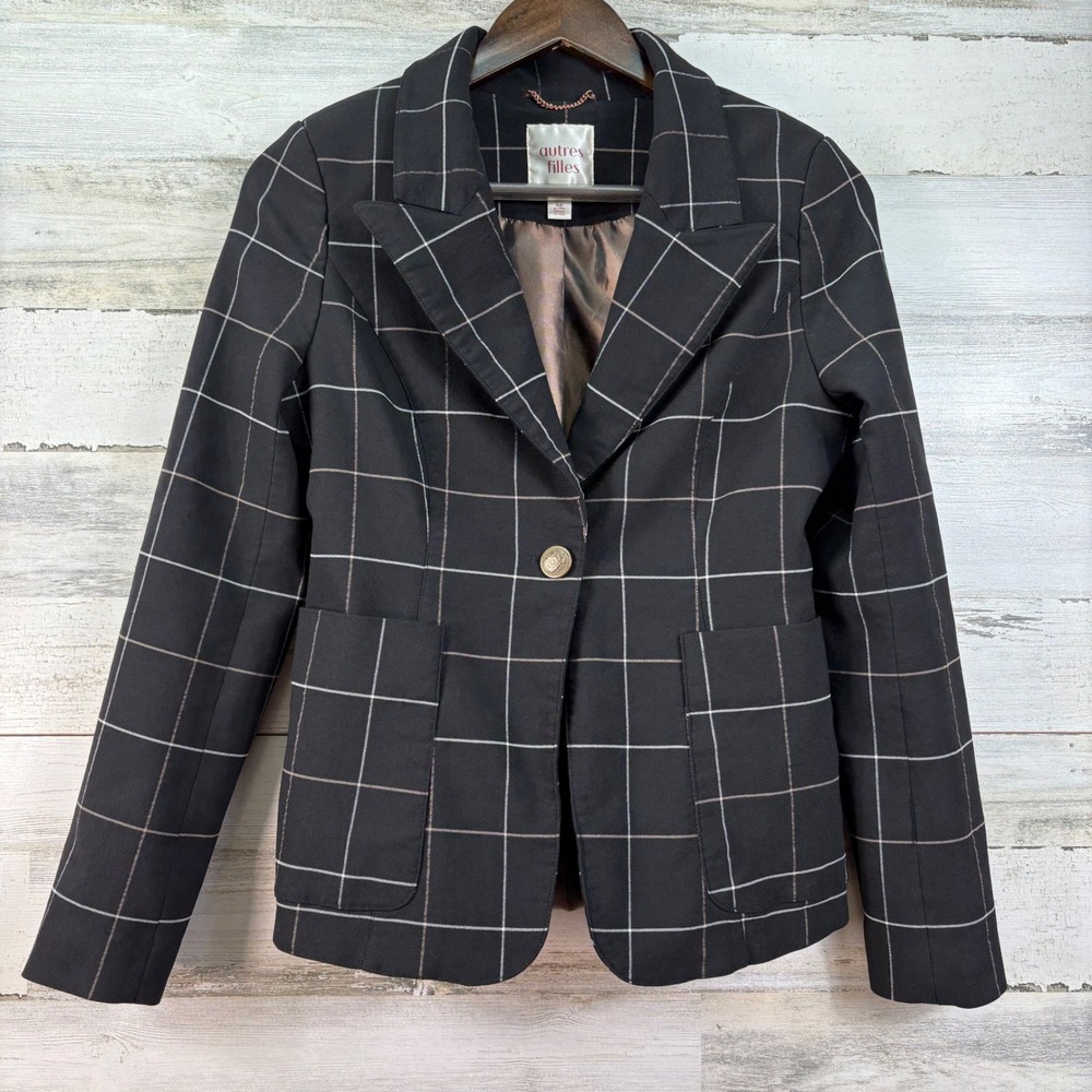 Autres‎ Filles Black Windowpane Plaid Single Button Blazer Jacket Equestrian